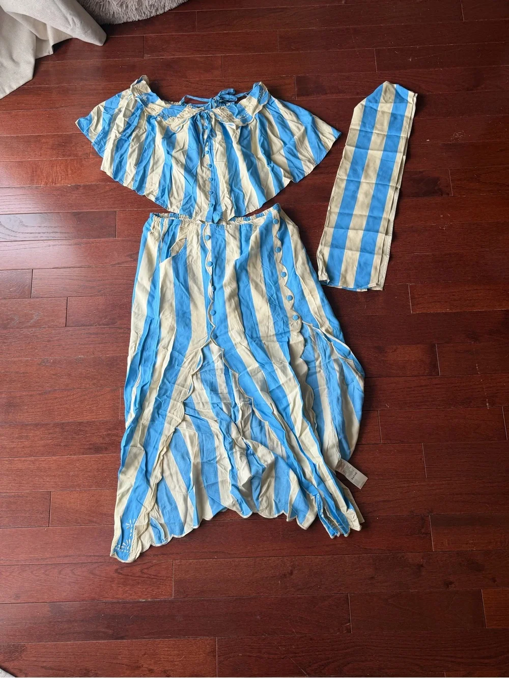 Free People Blue and Cream Striped Maxi Skirt Set with Scallop Slit